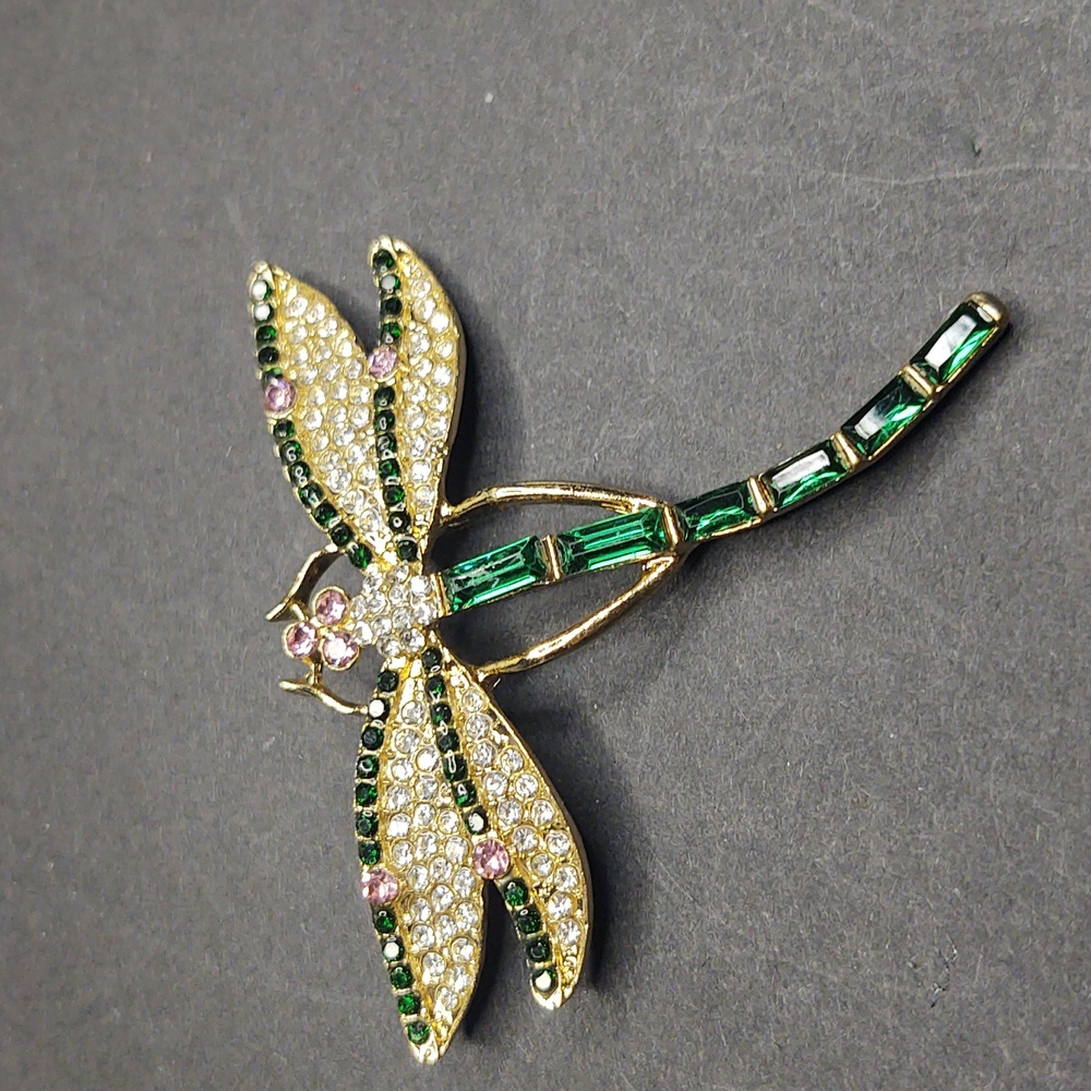 Gold-Tone Green Crystal Dragonfly Brooch - Women Jewelry